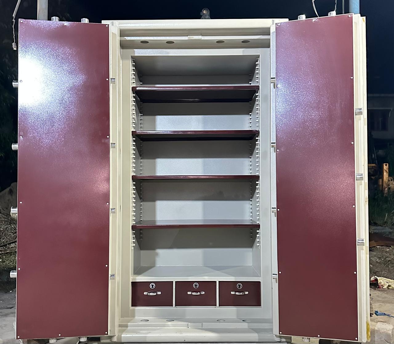 Open twin-door Ajanta safe with adjustable shelves and inner drawers